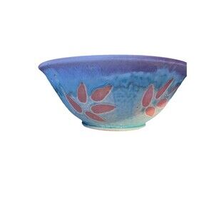 Vintage Signed Studio Pottery Lipped Bowl 9" Hand Thrown Drip Glaze Leaf Ceramic